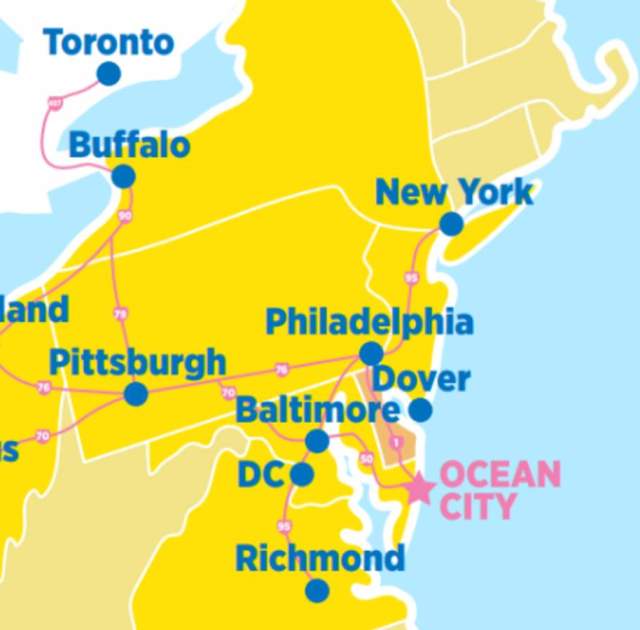 Map showing Ocean City, MD