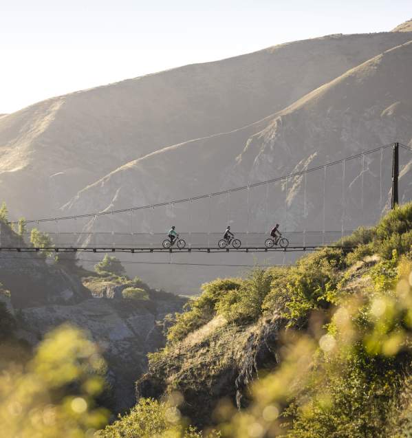 Three people biking on Edgar Bridge, Gibbston Valley Trail