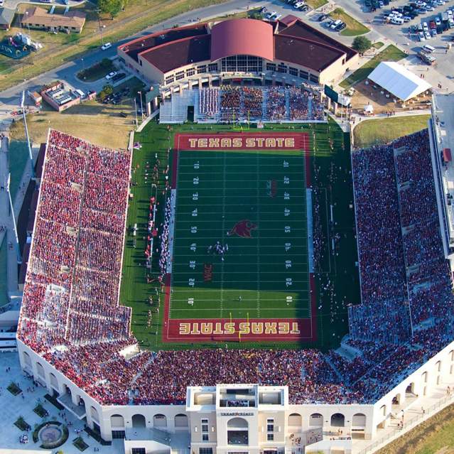 Aerial of crowd at Texas State University Bobcat Stadium