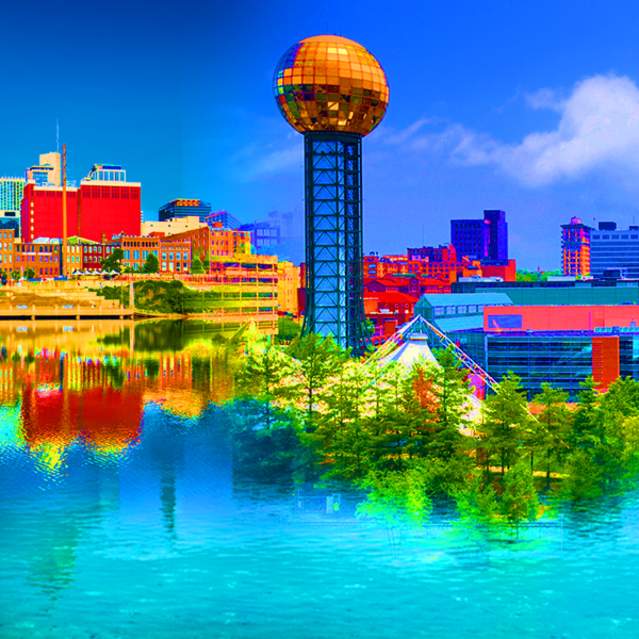 Reflection of the city of Knoxville including the Sunsphere