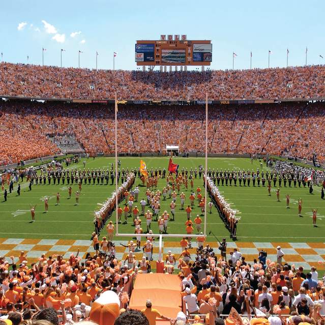 Band and flag twirlers during a University of Tennessee football game
