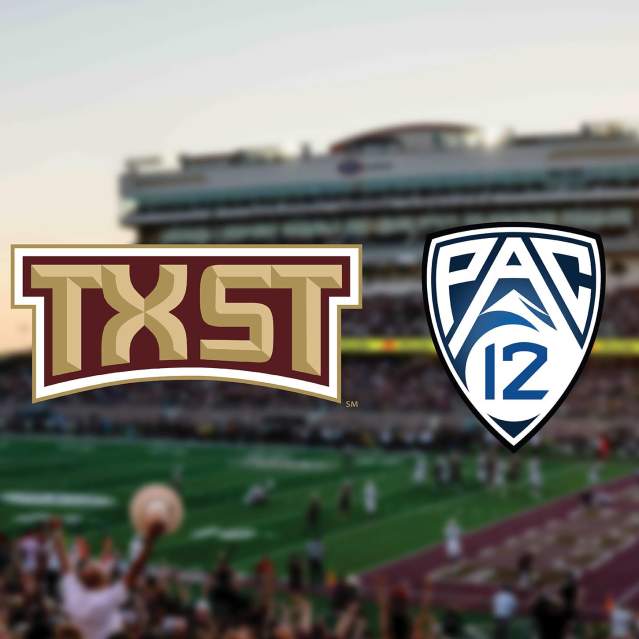 A blurry background of UFCU Stadium packed for a Texas State University football game with the TXST and PAC-12 logos in the forefront