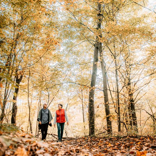 2 women walking in fall forest
