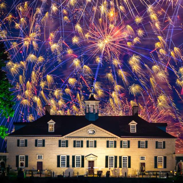 The West Front of Mount Vernon With Many Fireworks in the Background.