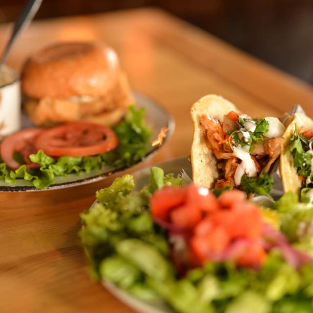 Fish tacos and burger from Homegrown in Florence, Oregon.