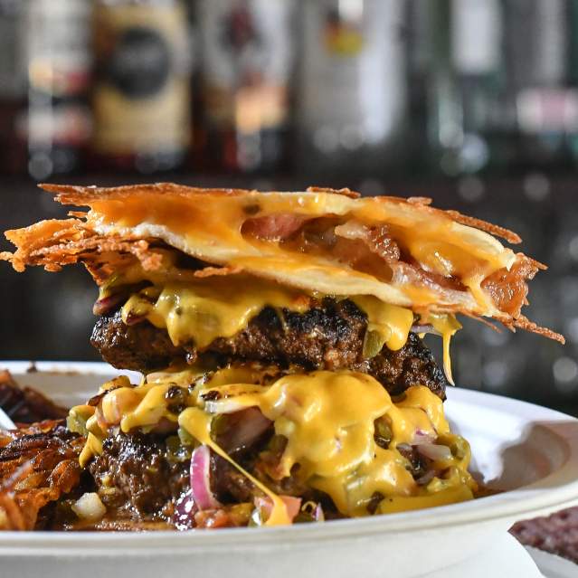 Double stack burger with quesadilla bun