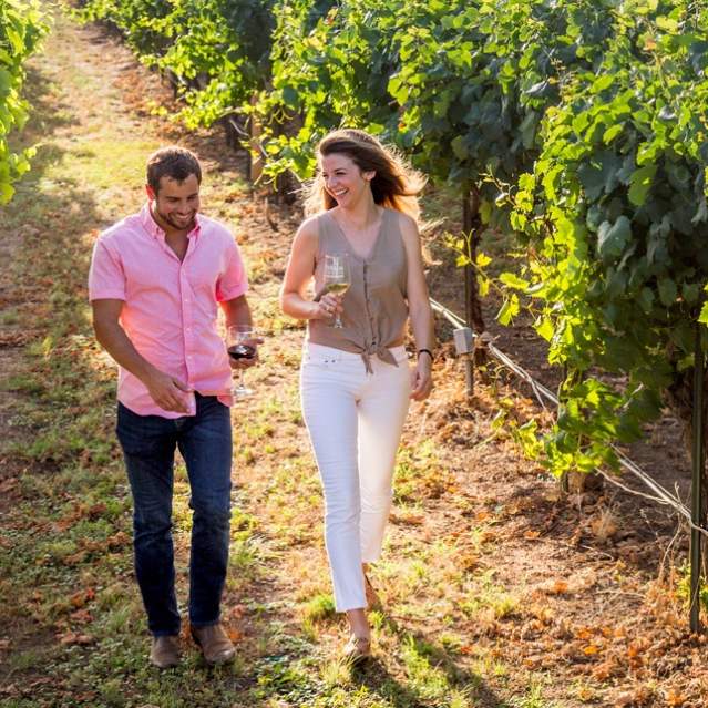Couple walking in vineyard wide