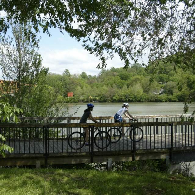 Cyclists ride their bikes along a boardwalk in one of Knoxville's greenways.