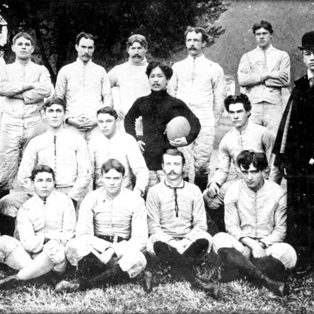 Maryville College Football Team with Kin Takahashi in the center in black sweater, 1894. (Maryville College.)