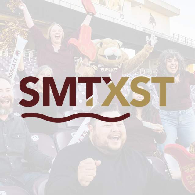 The SMTXST branding element on top of a transparent photo of the CVB team cheering.