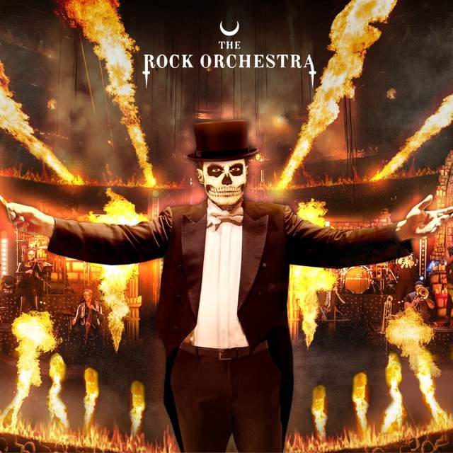 The Rock Orchestra | Arena on Fire image depicting a skeleton in a tuxedo conducting an orchestral performance while surrounded by fire