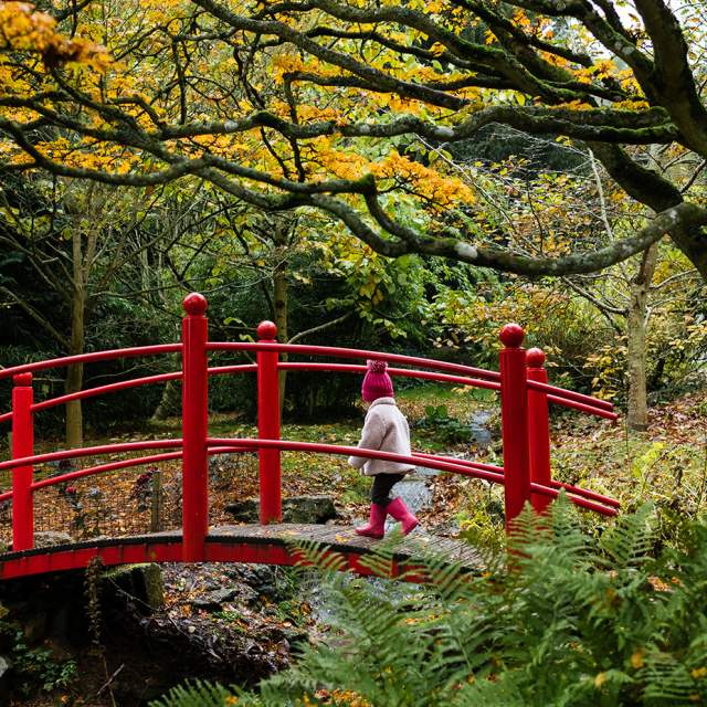 Child in bobble hat and pink coat crossing a bridge at Batsford Arboretum