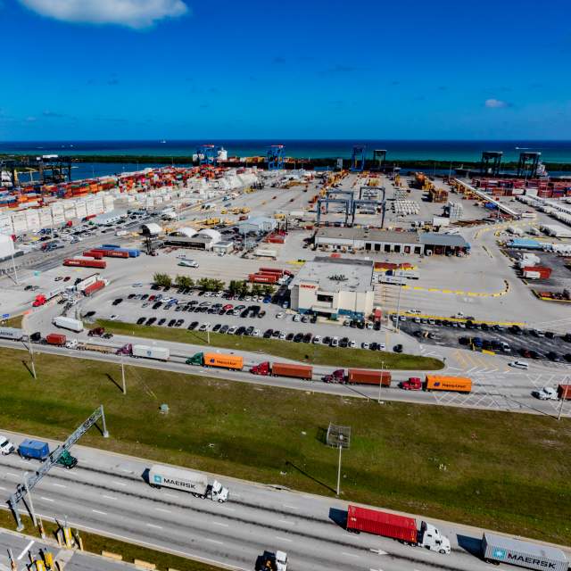 Aerial view of the Southport cargo area with it's many terminal operators.