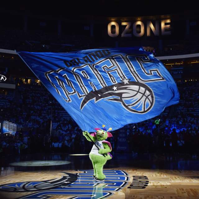 Stuff, the Orlando Magic mascot, performs before the game against the Miami Heat on October 26, 2016 at Amway Center