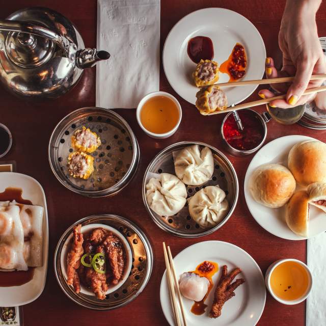 Overhead image of dim sum spread