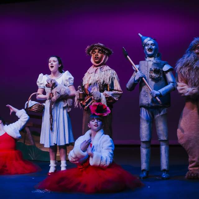 photo captured of amarillo little theatre cast performing the wizard of oz - featuring the tin man, dorothy, the cowardly lion and the scarecrow