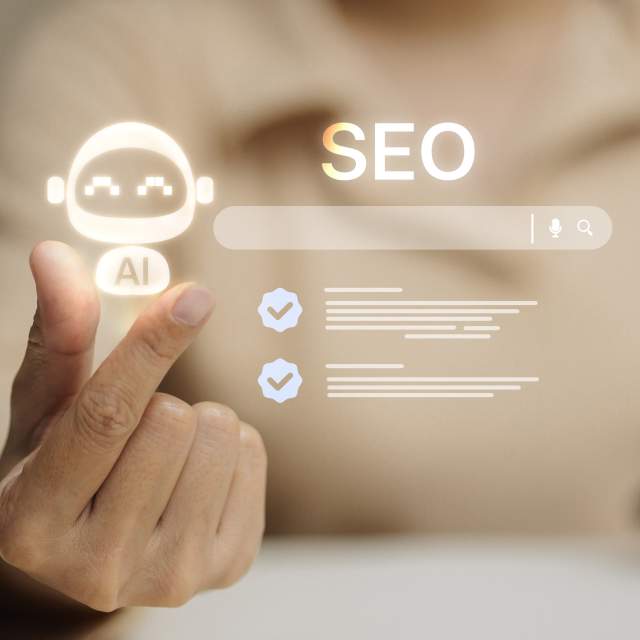 A person on their mobile device with an AI robot icon and search field with the term "SEO" overlaid.