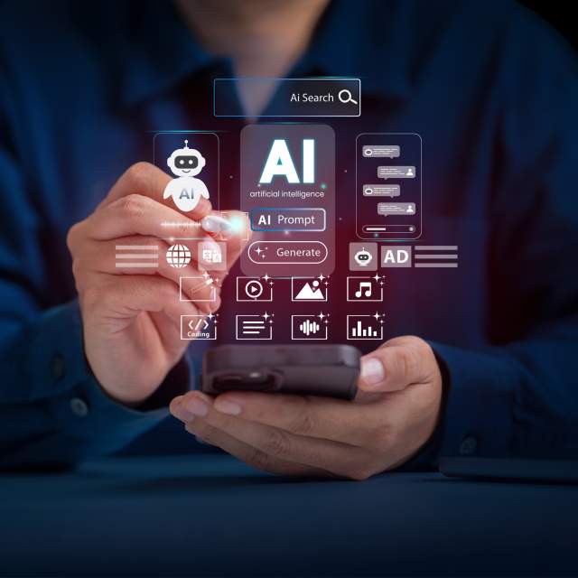 AI and other SEO icons overlay an image of a person holding out their hands.