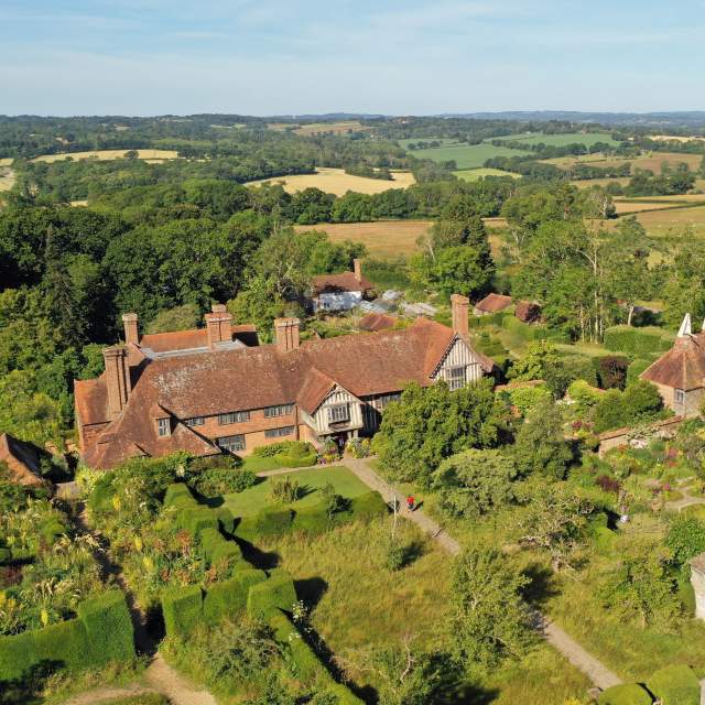 Aerial view of house and gardens at Great Dixter