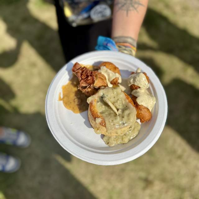 Patton's Caterers Combo Plate featuring Crawfish Sack, Oyster Patty and Shrimp Beignets - Jazz Fest