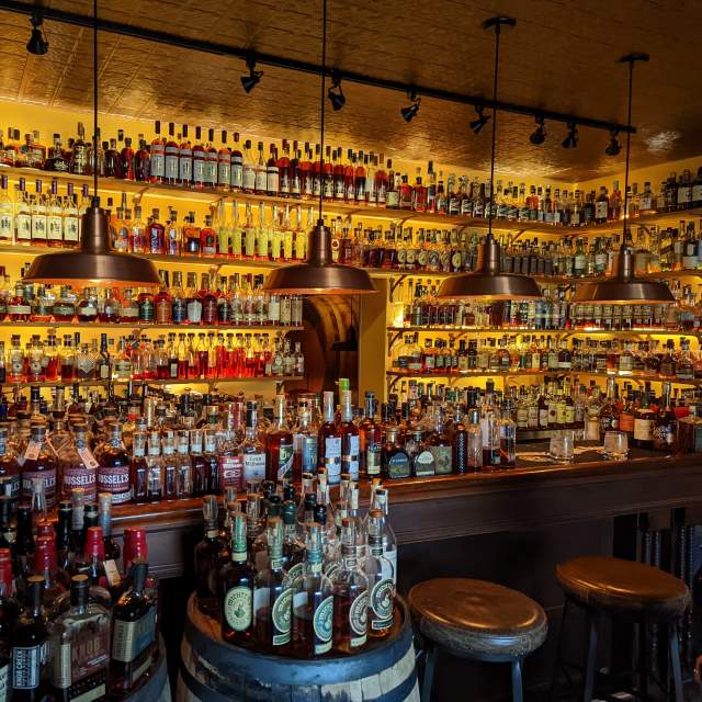 Hundreds of bottles of bourbon at Prohibition Bourbon Bar in Newport, Ky.