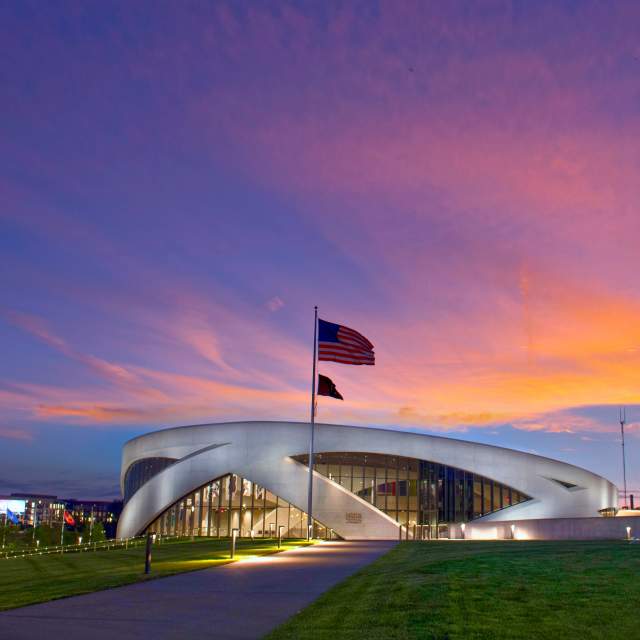 National Veterans Memorial and Museum at sunset in Columbus.