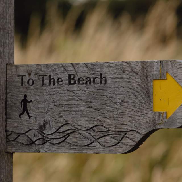 Wooden sign with yellow arrow pointing to the beach, Sussex
