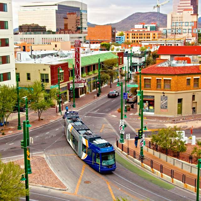 Blue Sun Link streetcar operating through downtown Tucson