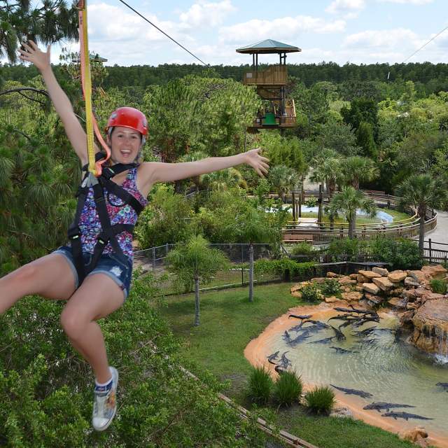 woman on the Screamin' Gator Zip Line at Gatorland