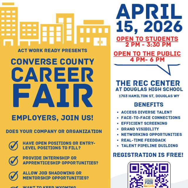 Converse County Career Fair on April 15, 2026, at The Rec Center in Douglas, Wyoming. The event runs from 2 PM – 3:30 PM for students and 4 PM – 6 PM for the public, with free registration for employers by April 10. The flyer encourages businesses to sign up to recruit for open positions, internships, and apprenticeships.