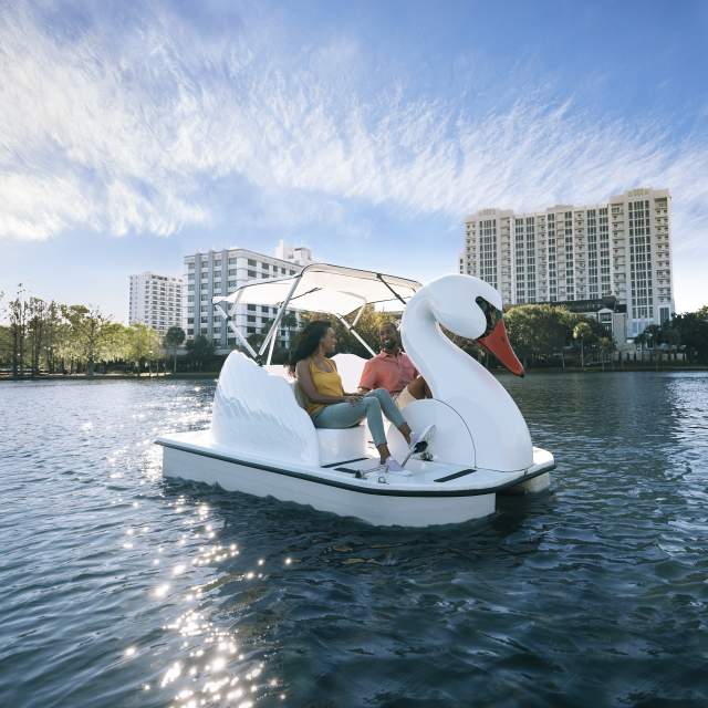 A couple exploring Lake Eola on a swan boat