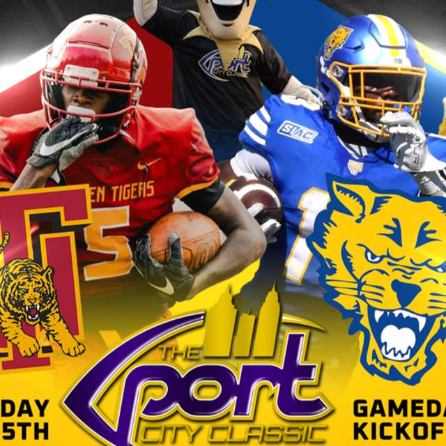 a flyer for the Port City Classic bowl game in Mobile, AL on September 5th at Ladd Peebles Stadium Image features players from both football team, members of the marching bands and logos for supporting sponsors.