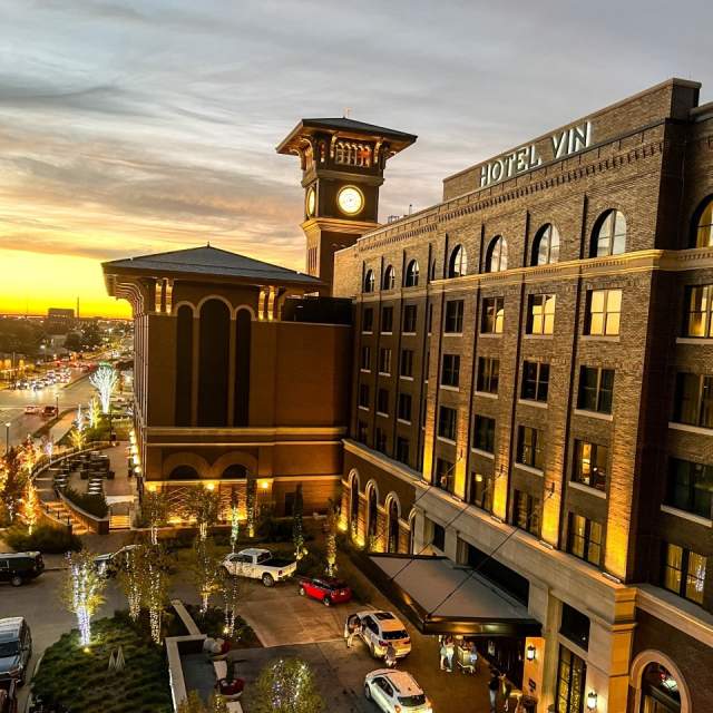 exterior shot of hotel vin at sunrise in grapevine, texas