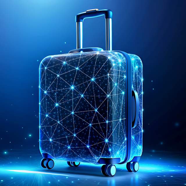A glowing, digital-style suitcase symbolizing how AI solutions enhance travel and destination marketing efforts for DMOs.