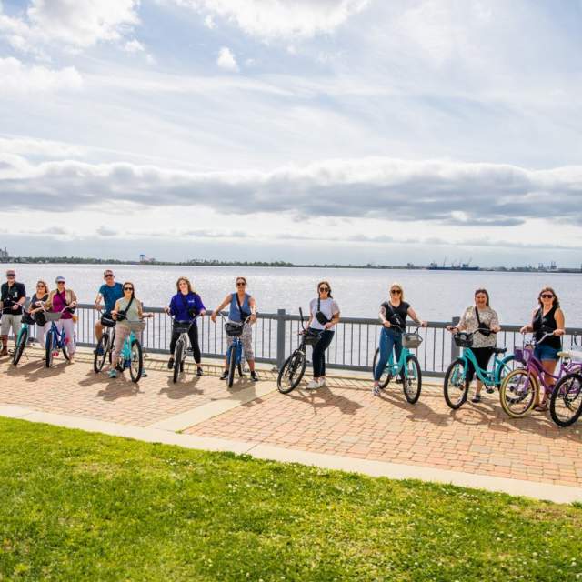 group of ladies biking on the Lake Charles lakefront