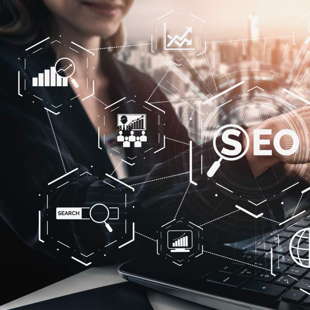 SEO - Search Engine Optimization for Online Marketing. Modern graphic interface showing symbol of keyword research website promotion by optimize customer searching and analyze market strategy.