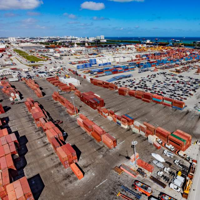 Aerial view of Southport cargo container terminals.