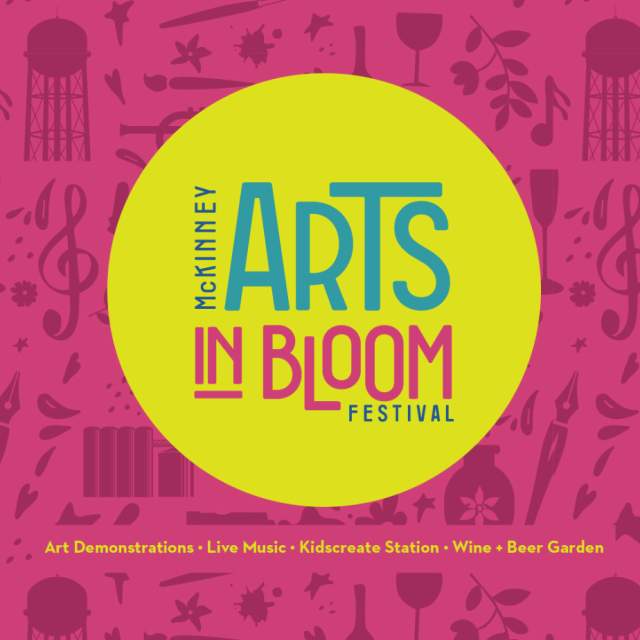 Arts in Bloom logo in yellow circle with artsy pink background