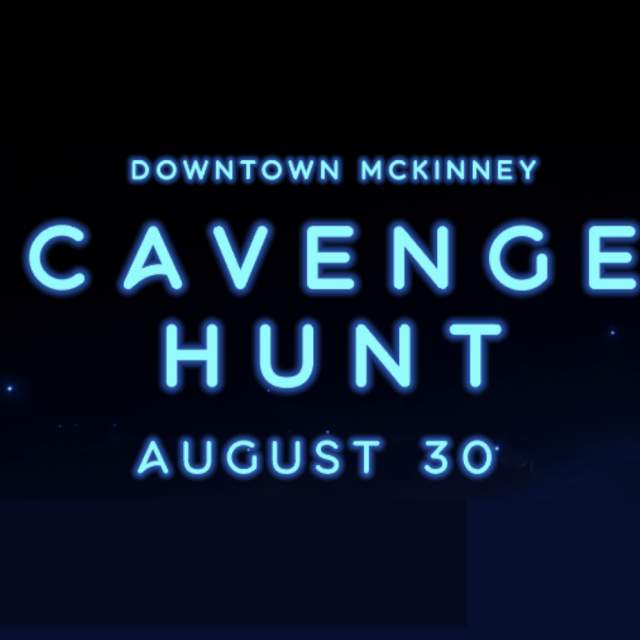 Neon look header that says Downtown McKinney Scavenger Hunt August 30