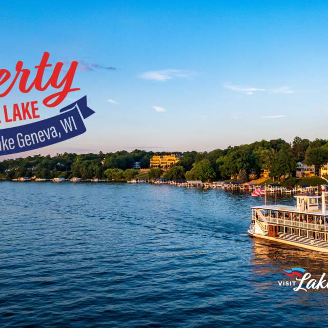 Image of a boat on Geneva Lake with the logo for the Liberty on the Lake 4th of July event.