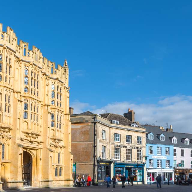 View of Market Place in Cirencester in late Autumn sunlight