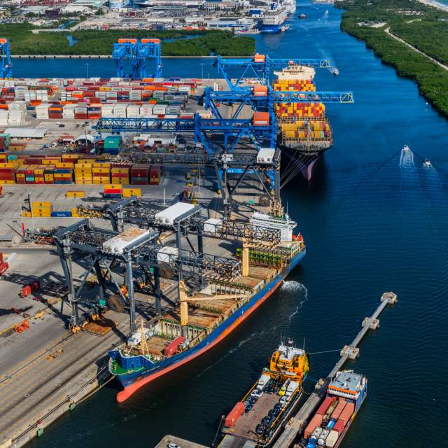 Aerial view of cargo ships dock in Southport.