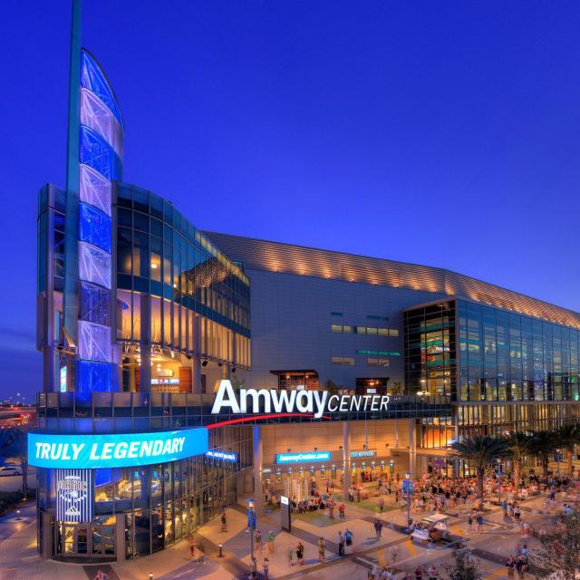 Exterior of the Amway Center at night