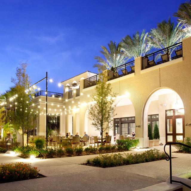 exterior of Hamilton's Kitchen at the Alfond Inn at night