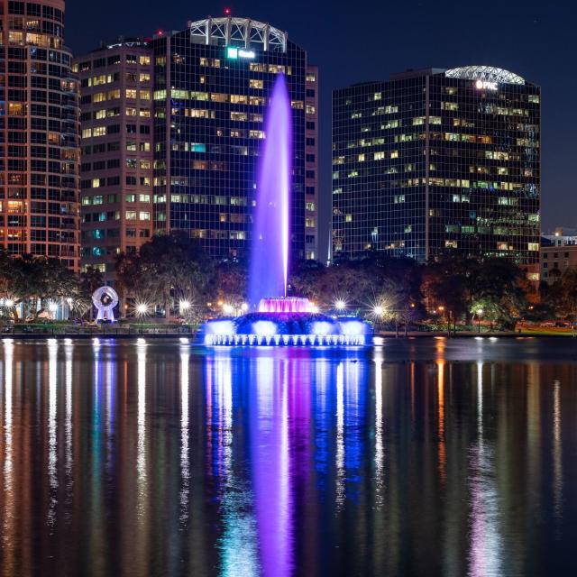 The fountain at Lake Eola in Downtown Orlando at night