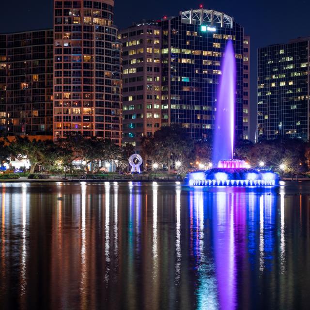 The fountain at Lake Eola in Downtown Orlando at night