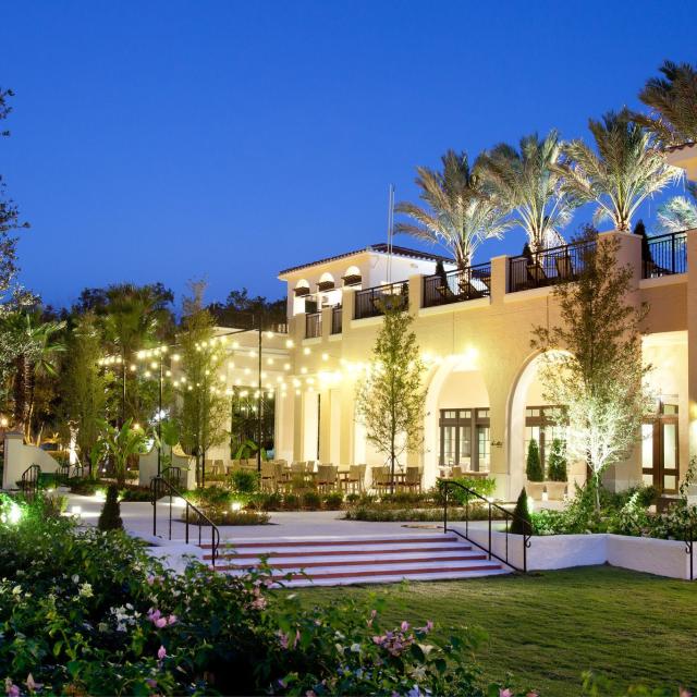 The Alfond Inn exterior with lights during evening