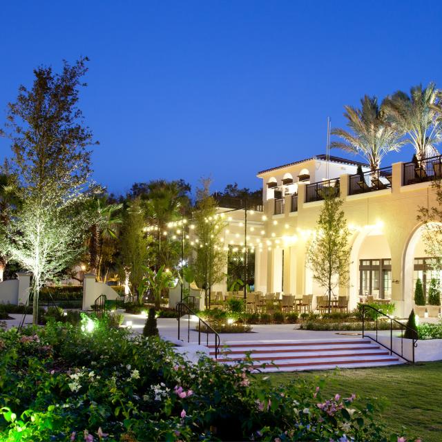 The Alfond Inn exterior with lights during evening