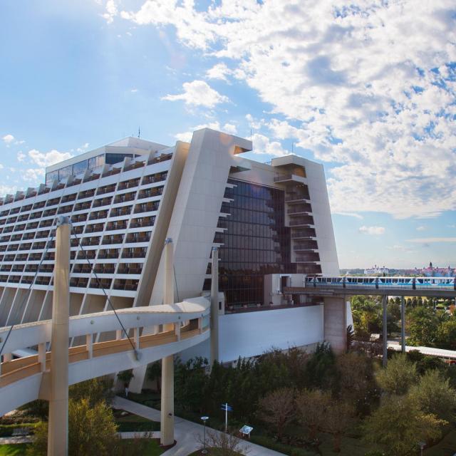 Disney's Contemporary Resort hotel exterior with monorail
