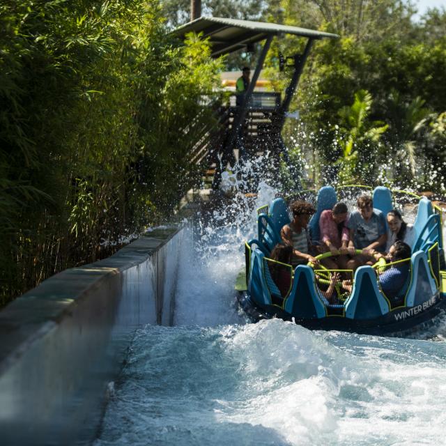 Family on Infinity Falls raft ride at SeaWorld Orlando